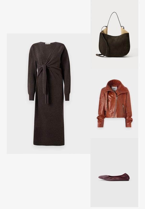 Ruda oda cropped striukė su aukštu apykakle, su užtrauktukais ir išlenktu dizainu. Lygus paviršius su akcentiniais metaliniais elementais.; Ruda megzta suknelė su ilgomis rankovėmis, suvyniojimo dizainu, turinti priekinį mazgą ir gumbus rankogaliuose, siekianti kelių vidurį.; Balerinai tamsiai burgundiško odos, su apvaliomis nosimis, elastingu kraštu ir lygiu paviršiumi, puošti subtiliais raukšlėmis.; Tamsiai rudos suknelės odos rankinė su lygia tekstūra, minimalistiniu dizainu ir kontrastinga šviesios spalvos vidine dalimi. Puošia ilgas odinis diržas.
