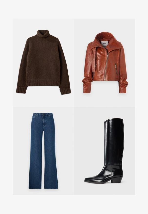 Pruunist nahast lühike jakk kõrge kraega, millel on tõmblukkude sulgemine ja kaarjas disain. Sile tekstuur koos aksessuaaride detailidega.; Pruun kaelusese, millel on tekstureeritud kudumismuster. Omab soonikuid varrukaotsi ja helmeid ning kerget, vabamat istuvust. Pehme ja mugav materjal.; Sinine teksariie, millel on laiem säär ja kõrge vöökoht, viie tasku disain ja metallist nupuga sulgemine. Sile tekstuur, juhuslik stiil ja minimaalne õmblus.; Knee-high musta läikivast nahast saapad terava ninaga ja väikese koonusakka pöidla, millel on sile tekstuur ja minimaalne õmblus.