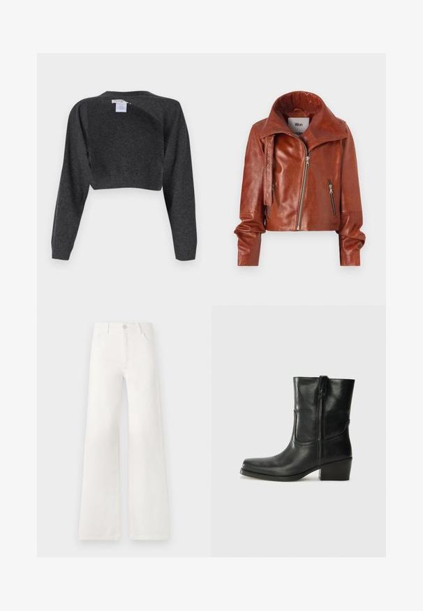 Ruskohi nahkainen lyhyt takki, jossa on korkea kaulus, vetoketjulliset sulkumekanismit ja kaareva muotoilu. Hieno pinta, jossa on korosteelementtejä.; pure cashmere BOLERO TWO-WAY - Neule - graphite; Pitkähihainen, vaaleanbeige paita, jossa on pyöreä kaula-aukko. Valmistettu pehmeästä kankaasta, jossa on keskeinen sauma ja hieman kaareva helma. Ei näkyvää metalliosaa.; Valkoiset, korkeavyötäröiset ja leveälahkeiset farkut, jotka on valmistettu denimkankaasta. Ominaisuuksiin kuuluu napp closure, kaksi etutaskua ja sivusaumojen ompeluyksityiskohdat.; Musta nahkasaapas nilkkamittaisella varrella, pyöreällä kärjellä, lohkarekorolla, sivuvetoketjulla ja ompeluaksentilla varren yläosassa. Suora pinta, klassinen muotoilu.