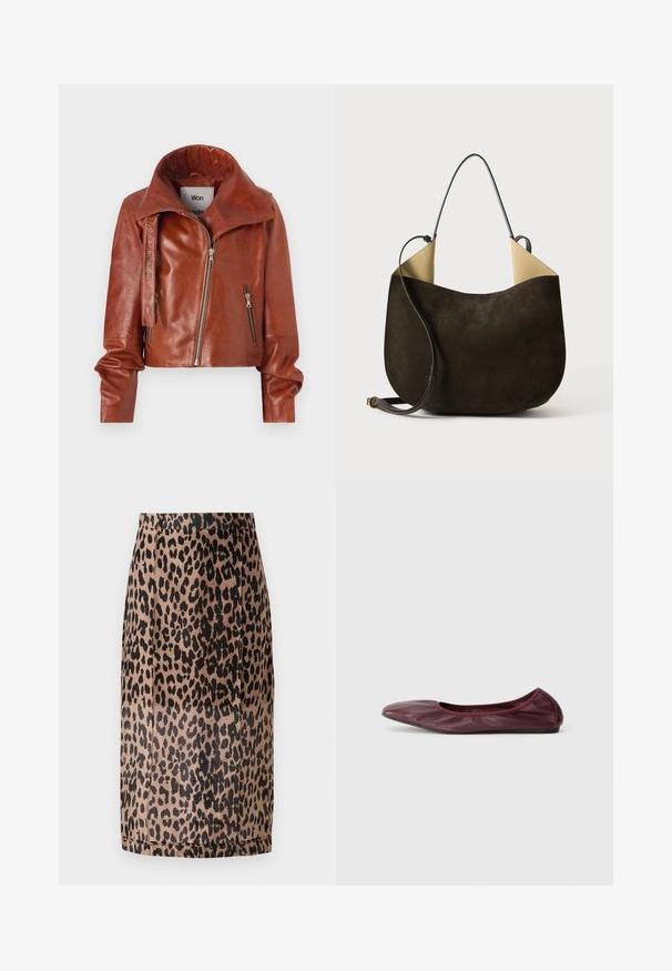Ruskohi nahkainen lyhyt takki, jossa on korkea kaulus, vetoketjulliset sulkumekanismit ja kaareva muotoilu. Hieno pinta, jossa on korosteelementtejä.; Pitkähihaisessa harmaassa ribbikuvioisessa neulepuserossa on pyöreä pääntie, istuva siluetti ja sileä tekstuuri, eikä siinä ole näkyviä logoja tai koristeita.; Beige ja musta leopardi pruudi kleit. Sile kangas, istuv disain, põlvekõrgune lõige ja peidetud vöökoht. Ilma nähtavate sulgurenikuta.; Ballet flatti tumman burgundin värisessä nahassa, jossa on pyöreä kärki, venytettävä reuna ja sileä pinta, jossa on hienovaraisia laskosyksityiskohtia.; Tummanruskea mokkaharjattu käsilaukku, jossa on sileä pinta, minimalistinen muotoilu ja vaaleanvärinen sisustus, joka kontrastoi ulkopinnan kanssa. Mukana pitkä nahkahihna.