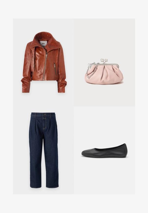 Pruunist nahast lühike jakk kõrge kraega, millel on tõmblukkude sulgemine ja kaarjas disain. Sile tekstuur koos aksessuaaride detailidega.; Pikad varrukad hall ribakudumine topp, ümmargune kaelus, lähedalt salendav siluett, sile tekstuur, ilma nähtavate logode või kaunistusteta.; Tumedest sinisest denimist püksid kõrge vöökohaga, ees volditud ja sirge säärejätkuga. Kontrastõmblused ja üks nupulukustus.; Musthave mustika tantsutossud mustast nahast, ümmarguse varbaga, siledast tekstuurist, minimaalse õmblusdetailiga ja paindliku tallakujundusega.; Roosa nahast käsikott voolava disainiga, metallraam, kaks ümmargust klambrit ja hõbedane kett. Sile tekstuur, kompaktne kuju.
