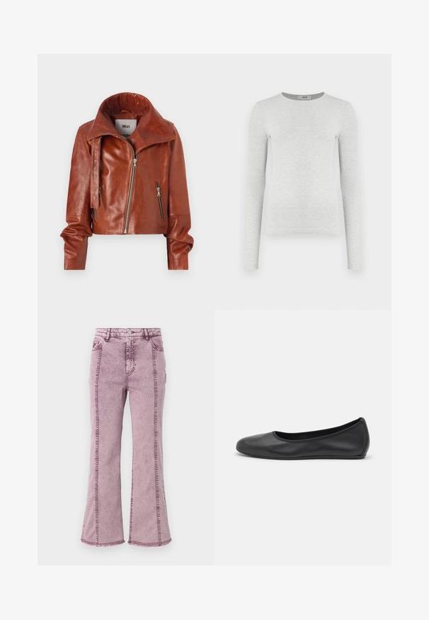 Brown leather cropped jacket with a high collar, featuring zip closures and a curved design. Smooth texture with accent hardware details.; Long-sleeve gray ribbed knit top, round neckline, fitted silhouette, smooth texture, with no visible logos or embellishments.; Purple denim flared jeans with a high waist, featuring visible stitching along the sides and raw hem at the bottom.; Black leather ballet flat with a rounded toe, smooth texture, minimal stitching detail, and a flexible sole design.