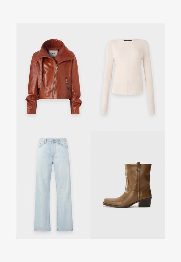 Brown leather cropped jacket with a high collar, featuring zip closures and a curved design. Smooth texture with accent hardware details.; Long-sleeve, light beige top with a round neckline. Made of soft fabric, features a central seam and slightly curved hem. No visible hardware.; Light blue denim jeans with a high waist, wide-leg design, and subtle fading. Features classic five-pocket styling and tonal stitching accents.; Brown leather ankle boot with a square toe, textured finish, and a low stacked heel. Features a rear pull tab and subtle stitching details.