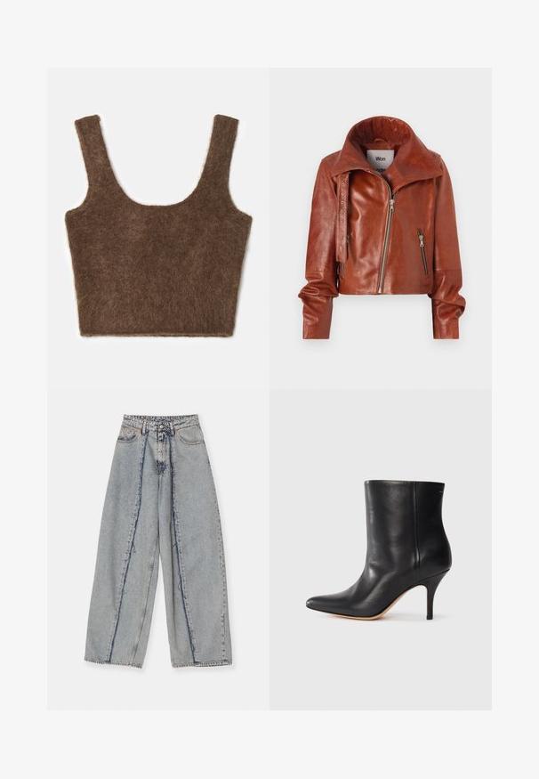 Pruunist nahast lühike jakk kõrge kraega, millel on tõmblukkude sulgemine ja kaarjas disain. Sile tekstuur koos aksessuaaride detailidega.; Pruun, karvane lühike t-särk laiadel õlgadel ja ümarate aukudega. Pehme tekstuur ja lihtne disain, ilma mustrite või kaunistusteta.; Heledad sinine laiem jalgadega teksad, millel on friteeritud servad, kõrge vöökoht ja kontrastsed õmblused. Valmistatud denimist, näidates lahedat sobivust ja minimaalset kulumist.; Must musta jalatsid terava ninaga, õhukese stiletto kontsaga ja siledast nahast. Minimalistlik disain ilma nähtava riistvarata või aksessuaarideta.