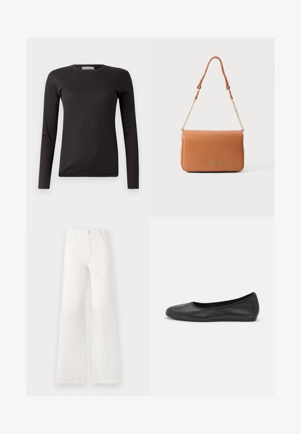 Brūna ādas izlīdzināta jaka ar augstu apkakli, ar rāvējslēdzējiem un izliekta dizaina. Gluda tekstūra ar akcentējošām metāla detaļām.; Melnas garām piedurknēm ribota T-kreklā ar apaļu kakla izgriezumu, izgatavots no mīksta auduma, ar vienkāršu dizainu bez rotājumiem vai rakstiem.; Baltas, augsto jostasvietu platās kājas džinsi, izgatavoti no denima. Iekļauj pogu aizdari, divas priekšējās kabatas un sānu šuves ar šuvju detaļām.; Melna ādas baleta kurpe ar noapaļotu purngalu, gludu tekstūru, minimālu šuvju detalizāciju un elastīgu zoles dizainu.; Brūna sintētiskās ādas plecu soma ar gludu tekstūru, zelta krāsas ķēdes siksna un izspiestu logotipu priekšā. Taisnstūra forma.