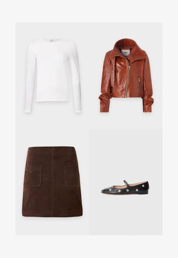 Brązowa skórzana kurtka typu cropped z wysokim kołnierzem, z zamkami błyskawicznymi i zakrzywionym krojem. Gładka tekstura z akcentującymi detalami metalowymi.; Biała, długi rękaw, koszulka z miękkiej bawełny, z okrągłym dekoltem i dopasowanym krojem, z czystymi szwami i bez widocznych wzorów.; Brązowa zamszowa spódnica w klasycznym kształcie A, z dwiema przednimi kieszeniami z zaokrąglonymi klapami i subtelnymi detalami szewnymi.; Czarne skórzane buty typu Mary Jane na płaskim obcasie z zaokrąglonym czubkiem, ozdobione srebrnymi okrągłymi ćwiekami oraz regulowanym paskiem z klamrą.