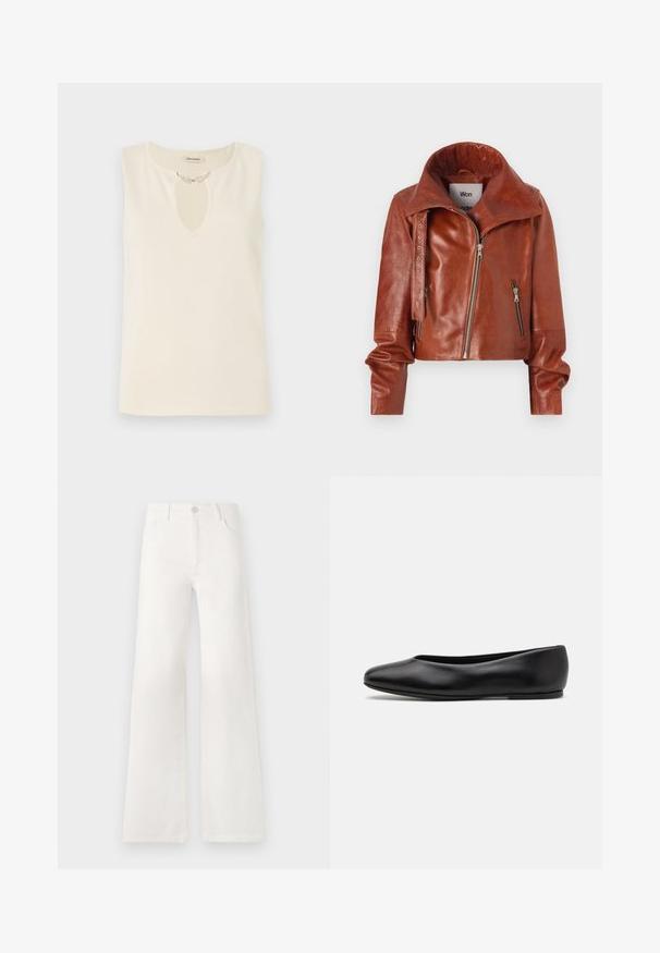 Brun læder cropped jakke med høj krave, prydet med lynlåse og et buet design. Glat tekstur med accent hardware detaljer.; Ærmeløs top i kremfarvet stof med en nøglehulshalsudskæring dekoreret med bladformede pyntegenstande. Enkel skæring og glat tekstur.; Hvide, højtaljede bukser med bred ben lavet af denim. Har en knaplukning, to forlommer og sidesømme med syningsdetaljer.; Paul Smith TOPANGA - Ballerinasko - black
