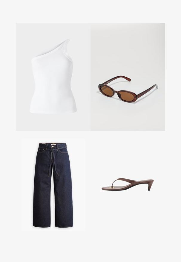 Hnědá kožená zkrácená bunda s vysokým límcem, vybavená zipovými uzávěry a zakřiveným designem. Hladká textura s akcenty kovových detailů.; Bílý žebrovaný top bez rukávů s asymetrickým designem na jedno rameno. Hladká textura, přiléhavá silueta a čisté okraje.; Široké tmavě modré džíny se zvýšeným pasem, opatřené stahovací šňůrou, pěti kapsami a kontrastním prošíváním.; Hnědé sandály s podpatkem a tenkým páskem, zaoblenou špičkou a malým zlatým akcentem na stélce.; Kulaté sluneční brýle hnědé barvy s lesklým burgundským rámem. Úzké nožičky s jemným logem. Rovné čočky.