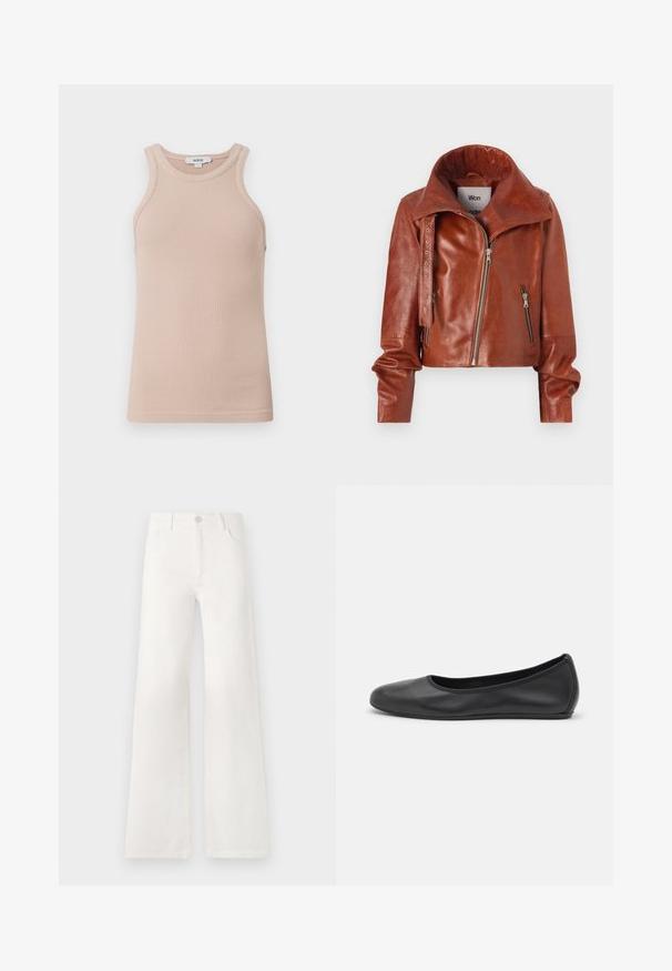 Hnědá kožená zkrácená bunda s vysokým límcem, vybavená zipovými uzávěry a zakřiveným designem. Hladká textura s akcenty kovových detailů.; Béžový žebrovaný top bez rukávů s širokým výstřihem. Měkká textura, přiléhavý střih a minimalistický styl. Viditelná značka.; Bílé džíny s vysokým pasem a širokými nohavicemi vyrobené z denimové látky. Mají zapínání na knoflík, dvě přední kapsy a boční švy se švy.; Černé kožené baletní byty s kulatou špičkou, hladkou texturou, minimálními švy a flexibilním designem podrážky.