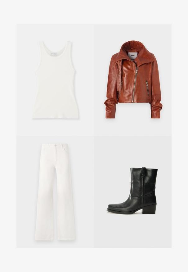 Brązowa skórzana kurtka typu cropped z wysokim kołnierzem, z zamkami błyskawicznymi i zakrzywionym krojem. Gładka tekstura z akcentującymi detalami metalowymi.; Biały prążkowany top na ramiączkach z okrągłym dekoltem i szerokimi ramiączkami, o miękkiej fakturze i dopasowanym kroju.; Białe dżinsy z wysokim stanem i szerokimi nogawkami. Wykonane z denimu. Posiadają zapięcie na guzik, dwie kieszenie z przodu oraz boczne szwy ze szczegółami w postaci przeszyć.; Czarne skórzane botki za kostkę z okrągłym noskiem, słupkowym obcasem, bocznym zamkiem i przeszyciami na cholewce. Gładka tekstura, klasyczny design.