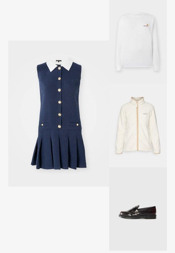 Giacca in pile bianca con colletto alto, dotata di zip frontale a tutta lunghezza, dettagli beige e tasca sul petto sinistro con una toppa logata.; Abito senza maniche di colore navy con colletto bianco, dotato di chiusura a bottoni, due tasche laterali e gonna plissettata. Tessuto strutturato.; T-shirt bianco a maniche lunghe in cotone, con un piccolo logo Carhartt arancione e mogano sul petto. Design con colletto tondo.; Mocassini in pelle bordeaux con superficie liscia, dettaglio cucitura rialzata e suola in gomma. Progettati con una punta arrotondata e hardware minimale.; Borsa in pelle marrone con due manici lunghi, forma rettangolare strutturata, superficie liscia e angoli arrotondati. Presenta dettagli di accentuazione sui manici.