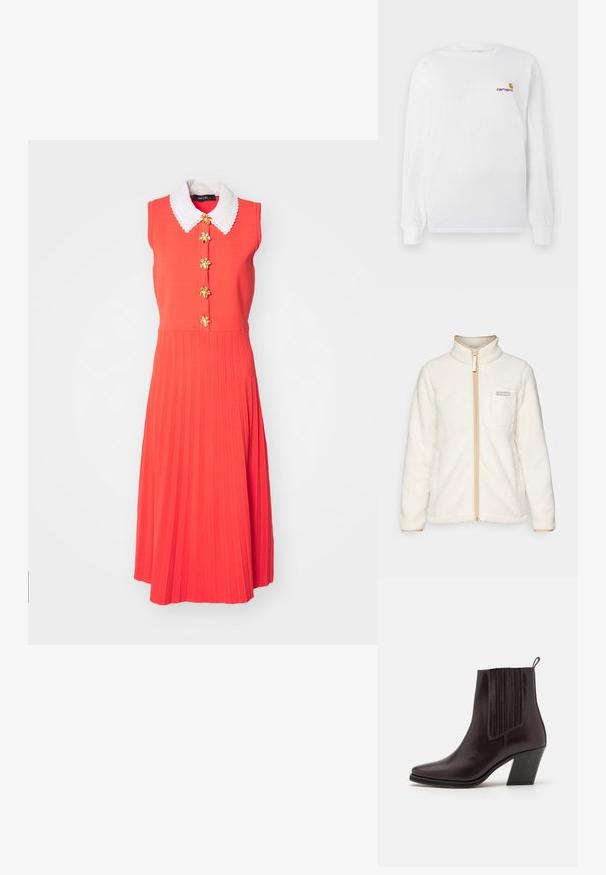 White fleece jacket with a high collar, featuring a full front zipper, tan accents, and a left chest pocket with a logo patch.; Red sleeveless dress with a white, scalloped collar, featuring gold floral buttons and a pleated skirt design.; White long-sleeve t-shirt made of cotton, featuring a small orange and maroon Carhartt logo on the chest. Crew neck design.; Dark brown leather ankle boot with a pointed toe, vertical ribbed detailing on the side, and a mid-height block heel.