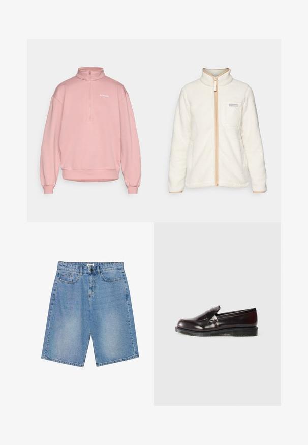 Chaqueta de polar blanca con un cuello alto, que presenta un cierre frontal completo, detalles en color beige y un bolsillo en el pecho izquierdo con un parche de logo.; Sudadera rosa clara con cuello alto y cierre de media cremallera. Presenta mangas largas, ligeramente abullonadas y dobladillo acanalado. Logo de Columbia en el pecho.; Pantalones cortos de mezclilla en azul claro con corte recto, diseño de cinco bolsillos y costuras en contraste. Cuenta con un cierre de botón y cremallera.; Mocasines de piel burdeos con una superficie lisa, un detalle de costura elevada y una suela de goma. Diseñados con una puntera redondeada y un hardware minimalista.