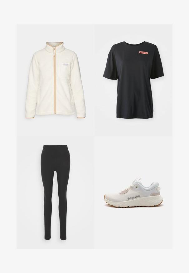 Bijela flis jakna s visokim ovratnikom, koja ima puni prednji patentni zatvarač, svijetlosmeđe detalje i džep na lijevoj strani prsnog dijela s logom.; Crna pamučna majica s kratkim rukavima, opuštenog kroja, s crvenim pravokutnim logotipom na lijevoj strani prsa. Glatka tekstura i jednostavan dizajn.; Crne tajice s visokim strukom, izrađene od glatkog, rastezljivog materijala. Imaju prilagodljiv dizajn i pune nogavice.; Lagani atletski cipele Columbia izrađene od bijele mrežaste tkanine s teksturiranom sivom potplatom i gumom za bolje prianjanje. Imaju podstavljeni ovratnik i dizajn s vezicama.