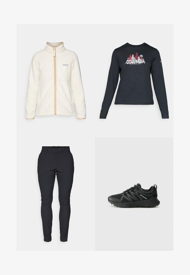 Veste en polaire blanche avec un col montant, dotée d'une fermeture éclair sur toute la longueur, d'accents beige et d'une poche sur la poitrine gauche avec un patch logo.; Chemise à manches longues gris foncé avec un motif d'arbres rouges et de montagnes ; logo "COLUMBIA" en lettres blanches en gras. Tissu doux, col rond standard.; Pantalon slim noir en tissu extensible. Il est doté d'une taille, de passants de ceinture et d'une fermeture éclair à l'avant avec un bouton. Pas de motifs visibles.; Columbia PEAKFREAK - Chaussures de marche - black