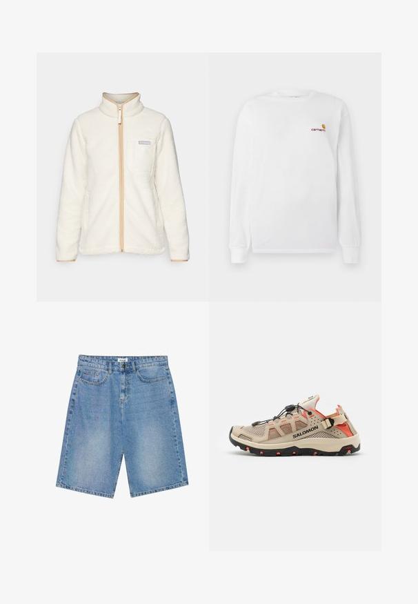 Vit fleecejacka med hög krage, featuring dragkedja hela vägen fram, bruna detaljer och en vänsterbröstficka med logotyp patch.; Vit långärmad t-shirt i bomull med en liten orange och vinröd Carhartt-logotyp på bröstet. Rundhalsad design.; Ljusa jeansshorts med rak passform, femfickorsdesign och kontrasterande sömmar. Har en knapp- och dragkedjestängning.; Beige nät träningsskor med svarta och orange detaljer, utrustade med ett snabbt snörningssystem, robust sula med bra grepp och vadderat hälstöd.