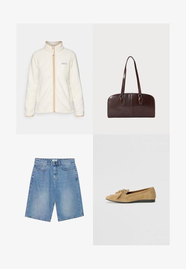 Bílá fleecová bunda s vysokým límcem, s plným předním zipem, béžovými akcenty a kapsou na levé straně hrudníku s logem.; Bílá dlouhá rukávová tričko vyrobené z bavlny, s malým oranžovo-červeným logem Carhartt na hrudi. Design s kulatým výstřihem.; Džínové šortky světle modré barvy se straight střihem, pěti kapsami a kontrastním štepováním. Obsahují zapínání na knoflík a zip.; Semišové baleríny v světle hnědé barvě s kulatou špičkou a dekorativním detailem ve formě třásní. Podešev je z texturované černé gumy pro lepší přilnavost.; Hnědá kožená kabelka s dvěma dlouhými uchy, strukturovaným obdélníkovým tvarem, hladkou texturou a zaoblenými hranami. Obsahuje dekorativní detaily na uších.