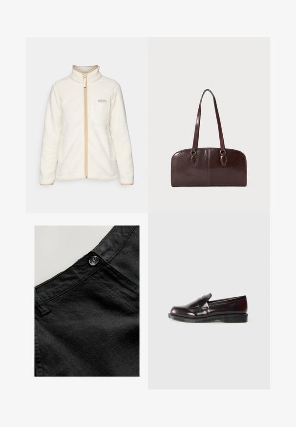 Fehér bolyhos kabát magas gallérral, teljes elülső cipzárral, bézs díszítéssel és bal oldali mellzsebbel, amelyen logófelvarrás található.; Fehér, hosszú ujjú póló, pamutból készült, kisméretű narancssárga és bordó Carhartt logóval a mellkason. Kerek nyakú dizájn.; Fekete len nadrág sima textúrával, kör alakú gombbal és varrással a derékrészen és a zsebeknél.; Burgundi bőr loaferek sima felülettel, kiemelkedő varrással és gumitalppal. Kerek orrú és minimalista fémrészletekkel készült.; Barna bőr kézitáska, két hosszú fülekkel, strukturált, téglalap alakú formával, sima textúrával és lekerekített élekkel. Kiemelő részletek találhatóak a fülön.