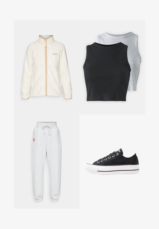 Hvid fleecejakke med høj krave, der har en fuld frontlynlås, brune accenter og en venstre brystlomme med et logopatch.; Even&Odd Petite 2 PACK - Top - light grey/black; Hvide sweatpants med høj talje, elastiske manchetter og et rødt logo-patch på venstre side. Fremstillet af et blødt, struktureret stof.; Sort lærreds sneaker med hvid gummisål, rund tå, lavtop design, metaløjer og en struktureret tåhætte. Tynd sort stribe langs sålen.
