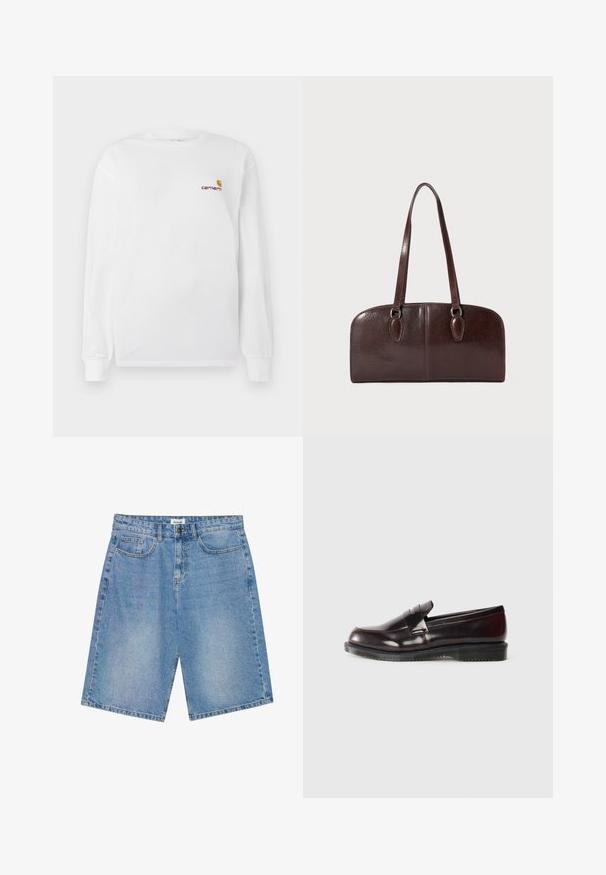Giacca in pile bianca con colletto alto, dotata di zip frontale a tutta lunghezza, dettagli beige e tasca sul petto sinistro con una toppa logata.; T-shirt bianco a maniche lunghe in cotone, con un piccolo logo Carhartt arancione e mogano sul petto. Design con colletto tondo.; Shorts in denim di colore azzurro chiaro con un taglio dritto, design a cinque tasche e cuciture a contrasto. Presentano una chiusura con bottone e cerniera.; Mocassini in pelle bordeaux con superficie liscia, dettaglio cucitura rialzata e suola in gomma. Progettati con una punta arrotondata e hardware minimale.; Borsa in pelle marrone con due manici lunghi, forma rettangolare strutturata, superficie liscia e angoli arrotondati. Presenta dettagli di accentuazione sui manici.