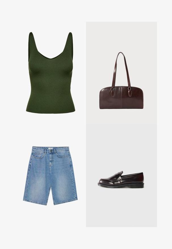 Valkoinen fleece-takki, jossa on korkea kaulus, täysilukuinen vetoketju, vaaleanruskeat yksityiskohdat sekä vasemmassa rinnassa logo-patchilla varustettu tasku.; V-aukko ja leveillä hihnoilla varustettu ribbikuvioitu vihreä toppi. Teksturoitu materiaali tarjoaa muotoilun, joka on tiukka ja saumaton.; Farkkushortsit vaaleansinisinä, suoran leikkauksen ja viiden taskun designilla, sekä kontrastivärillä ommeltuina. Varustettu nappi- ja vetoketjusuljennalla.; Burgundin nahkainen loaferi, jossa on sileä pinta, kohotettu sauman yksityiskohta ja kumipohja. Suunniteltu pyöristetty varvas ja minimaalinen varuste.; Ruske kožne torbe s dva dugačka ručka, strukturiranog pravokutnog oblika, glatke teksture i zaobljenih rubova. Sadrži detalje s naglaskom na ručkama.