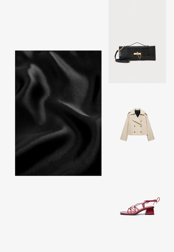 Beige taillierte doppelkinnige Jacke aus Baumwollmischung, mit einem großen Revers, zwei Fronttaschen und Knopfakzenten auf der Vorderseite.; Schwarzer Stoff mit glatter, glänzender Textur, der Falten und Wellen aufweist, die ein dynamisches Erscheinungsbild erzeugen. Einheitliche Farbe über die gesamte Fläche.; Rote Sandalen mit Absatz aus glänzenden Materialien. Sie verfügen über eine quadratische Zehenpartie, ein aufwendiges Riemchen-Design und einen klobigen Blockabsatz.; Schwarze Clutch mit strukturiertem Finish, goldener Kettenriemen und einem Verschluss. Rechteckige Form mit einem eleganten, minimalistischen Design.