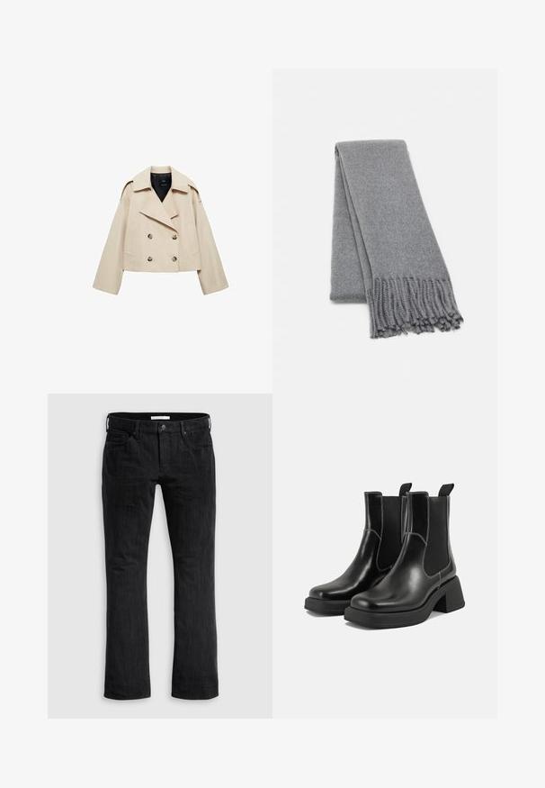 Beżowa skrócona marynarka o podwójnym zapięciu, wykonana z mieszanki bawełny, z dużym kołnierzem, dwiema przednimi kieszeniami i guzikami na przodzie.; Czarny sweter dzianinowy z prążkowanym okrągłym dekoltem, długimi rękawami i prostym dołem. Miękka faktura, minimalistyczny design i wszechstronny styl.; Czarne dżinsy typu denim z prostą nogawką, charakteryzujące się klasycznym pięciopocketowym designem, subtelną pionową fakturą oraz zapięciem na guzik z przodu.; Czarne skórzane botki Chelsea na mocnej podeszwie, z elastycznymi panelami bocznymi i kontrastującym białym ściegiem. Teksturowane wykończenie.; Szary wełniany szal o miękkiej fakturze, z frędzlami na krawędziach i prostym wzornictwem. Starannie złożony, ukazujący swój wydłużony kształt.