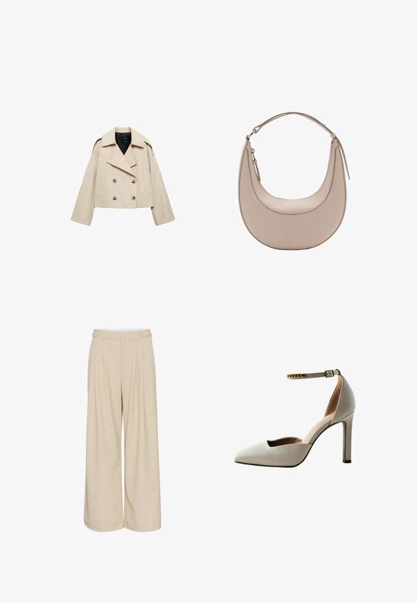 Jachetă cropped dublu-breasted de culoare bej, confecționată dintr-un amestec de bumbac, având un rever mare, două buzunare frontale și accente cu nasturi în față.; Pulover bej scurt, realizat din material tricotat moale. Are un guler rotund, mâneci lungi și manșete și tiv cu textură ribbed pentru un plus de stil.; Pantaloni bej cu picioare largi, dintr-un material texturat, cu un design cu talie înaltă, având două butoane frontale și două buzunare laterale pentru utilitate.; Pantofii cu toc înalt gri deschis, cu vârf ascuțit, design cu vamp deschis, curea pentru gleznă și accent cu lanț de aur. Textură de piele netedă.; Geantă de umăr din piele bej, cu o formă de semilună, textură netedă și un singur mânere curbat. Dispune de o închidere cu fermoar și cusături bine realizate.