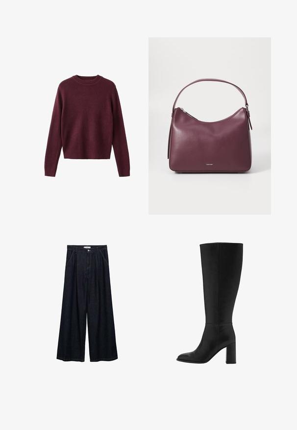 Beige cropped double-breasted jas gemaakt van een katoenmix, met een grote revers, twee voorzakken en knoopaccenten op de voorkant.; Langledig crewneck gebreide trui in donker bordeaux met geribbelde manchetten en onderrand, weergegeven op een witte achtergrond.; Donkerdenim wijde-broek met een hoge taille, voorzien van een sluiting met knoop aan de voorkant, twee zijzakken en stikdetails.; Zwarte laarzen tot de knie met hak, gemaakt van soepel leer. Heeft een ronde neus en een stevige blokhak, met minimale stiksel-details.; Bordeaux leren handtas met een gebogen silhouet, ritsluiting en een enkele schouderband. Beschikt over een subtiele logo-aanbrenging aan de voorkant.