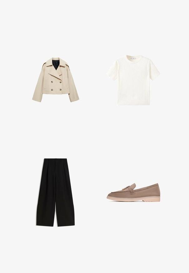 Beige cropped double-breasted jas gemaakt van een katoenmix, met een grote revers, twee voorzakken en knoopaccenten op de voorkant.; Witte korte mouwen trui met een kabelbreipatroon, ronde halslijn en geribbelde onderkant. Zachte textuur, casual pasvorm en een strakke uitstraling.; Zwarte wijde pijpen broek van gladde stof, met een hoge taille, plooien aan de voorkant en geen zichtbare versieringen of patronen.; Bruine leren instapper met een gladde textuur, voorzien van een decoratieve band en gouden hardware, rustend op een lichtbeige rubberen zool.