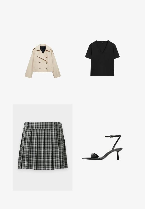 Beige cropped double-breasted jas gemaakt van een katoenmix, met een grote revers, twee voorzakken en knoopaccenten op de voorkant.; Zwarte T-shirt met korte mouwen en V-hals, met een eenvoudig, aansluitend ontwerp op een witte achtergrond.; Zwart-wit geruite geplisseerde rok met een gladde tailleband en meerdere verticale plooien. Gemaakt van lichte stof.; Bershka Sandalen met hoge hak - black