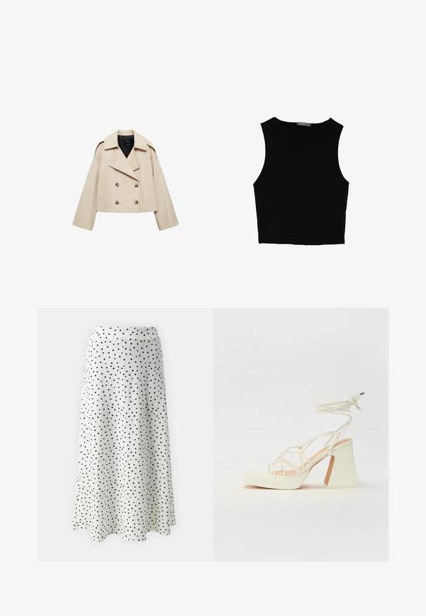 Beige kort jakke med dobbeltryk lavet af bomuldsblanding, med stor revers, to forlommer og knapdetaljer foran.; Sort ærmeløs crop top lavet af glat stof, med rund hals og et rent, enkelt design uden mønstre eller hardware.; Hvid midi nederdel med sorte prikker, der har et struktureret stof og en flagrende silhuet, afsluttet med en diskret talje.; Hvide højhælede sandaler med en kraftig hæl, der har et stropdesign og ankelbinding. Glat tekstur med en platform foran for ekstra højde.