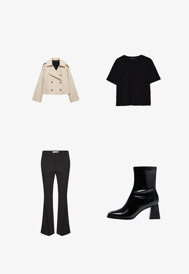 Bež kratak dvoredni jakna od mješavine pamuka, s velikim reverom, dva prednja džepa i dugmadi kao ukrasima sprijeda.; Crna majica kratkih rukava od pamuka. Ima okrugli izrez i labav kroj s glatkom, jednoličnom teksturom. Nema vidljivih uzoraka ili akcenta.; Crne široke hlače od glatkog materijala, s pojasom srednje visine, bočnim džepovima i pregibom na prednjoj strani za sofisticiran izgled.; Crne gležnjače izrađene od glatke kože. Imaju blok potpeticu s teksturiranim, rebrastim uzorkom i elegantan, sužen dizajn vrha.