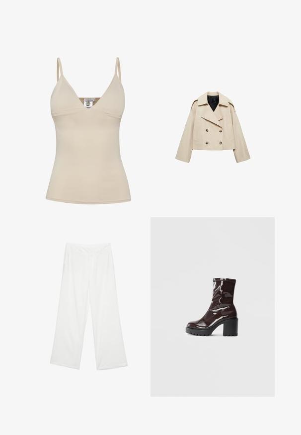 Béžová zkrácená dvouřadá bunda vyrobená z bavlněného směsového materiálu, s velkým límcem, dvěma předními kapsami a knoflíkovými detaily na přední straně.; Beige top na ramínka s výstřihem do V a nastavitelnémi tenkými ramínky. Vyrobeno z hladké, elastické tkaniny s přiléhavým střihem.; Kalhoty s širokými nohavicemi z bílé látky, s hladkým povrchem, předními kapsami a klasickým pasem s poutky na opasek.; Lesklá bordó kotníková bota s masivním černým podpatkem, se hladkým povrchem a jednoduchým designem. Žádné viditelné zapínání ani vzory.