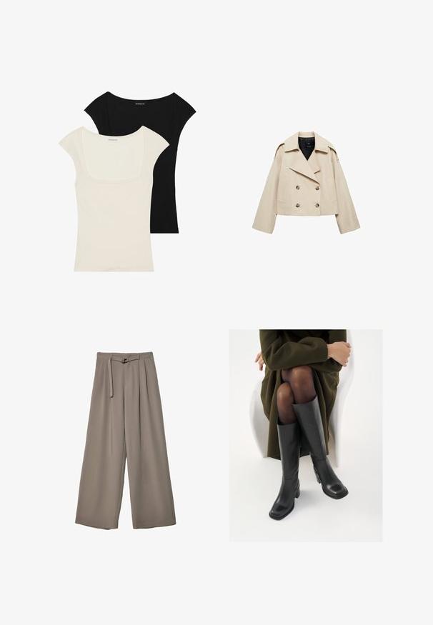 Beige cropped double-breasted jacket made of cotton blend, featuring a large lapel, two front pockets, and button accents on the front.; Two fitted short-sleeve tops: one black and one off-white. Both feature a square neckline and ribbed texture, with a smooth finish.; Wide-leg trousers in a soft, muted grey fabric, featuring a belted waist and pleats for added design detail. Smooth texture, no patterns.; Knee-high black leather boots with a squared toe and block heel, shown with a model seated in an olive green coat. Smooth texture, minimal detailing.