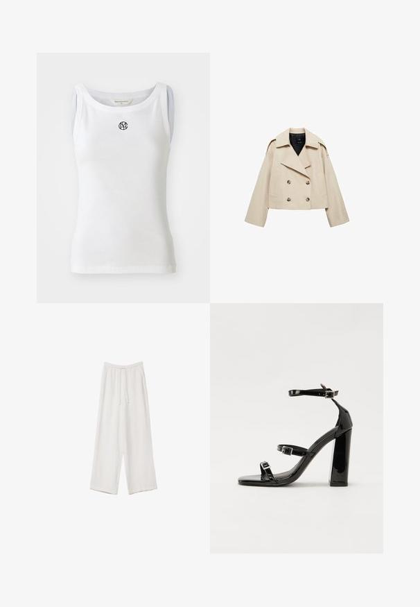 Giacca cropped doppio petto beige realizzata in misto cotone, con ampio bavero, due tasche anteriori e dettagli con bottoni sul davanti.; Canottiera bianca realizzata in tessuto a costine, con scollo a giro e un logo nero sul davanti. Design senza maniche con una silhouette aderente.; Pantaloni a gamba larga bianchi realizzati in un tessuto leggero. Presentano una vita elastica con cordoncino e tasche laterali. Texture liscia.; Sandali con tacco in vernice nera, con punta squadrata, cinturini alla caviglia e fibbie in argento. Presentano un tacco a blocco spesso per maggiore stabilità.