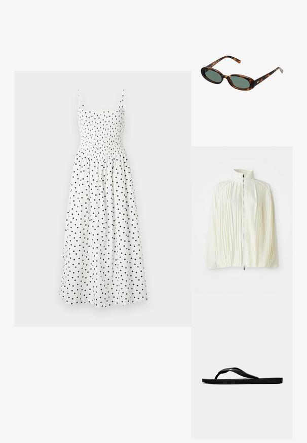 Fehér redőzött dzseki magas gallérral, cipzáras elülső záródással és elasztikus alsó résszel. Könnyű, fényes anyagból készült.; Fehér midi ruha fekete pöttyökkel, smockolt felsőrésszel, vékony vállpántokkal és laza szoknyával. Puha anyag, könnyű textúrával.; Fekete gumipapucs, textúrált pánttal és egyszerű lapos talppal, oldalnézetből, világos háttér előtt.; Tortojásmintás napszemüveg ovális kerettel és zöld lencsékkel. Vékony szárakkal rendelkezik, fémes kiegészítővel a csuklók közelében.