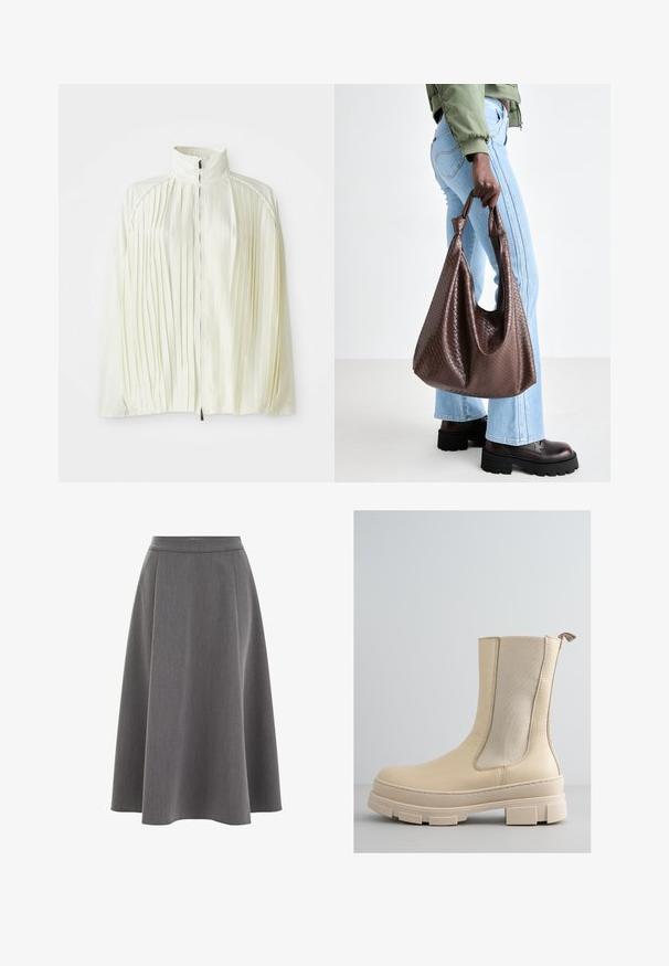 Biała plisowana kurtka z wysokim kołnierzem, zamkiem z przodu i elastycznym dołem. Wykonana z lekkiego, błyszczącego materiału.; Szary sweter dzianinowy z długimi rękawami, ribbowanymi mankietami i dołem. Okrągły dekolt z luźnym krojem i miękką teksturą. Bez widocznych wzorów czy akcentów.; Biała, oversize'owa koszulka z miękkiej bawełny. Posiada krótki rękaw, okrągły dekolt oraz luźny krój bez widocznych wzorów czy akcentów.; Szara spódnica w kształcie litery A o gładkiej fakturze, plisowanym designie i dopasowanej talii. Materiał wydaje się lekki i miękko się układa.; Beżowy botek za kostkę z gładkiej skórzanej cholewki i elastycznymi bocznymi panelami. Posiada grube, teksturowane podeszwy z bieżnikiem oraz pętlę do zakupu.; Brązowa pleciona skórzana torba tote z węzłowymi uchwytami, noszona przez osobę w jasnoniebieskich dżinsach i czarnych masywnych butach. Gładka, teksturowana powierzchnia.