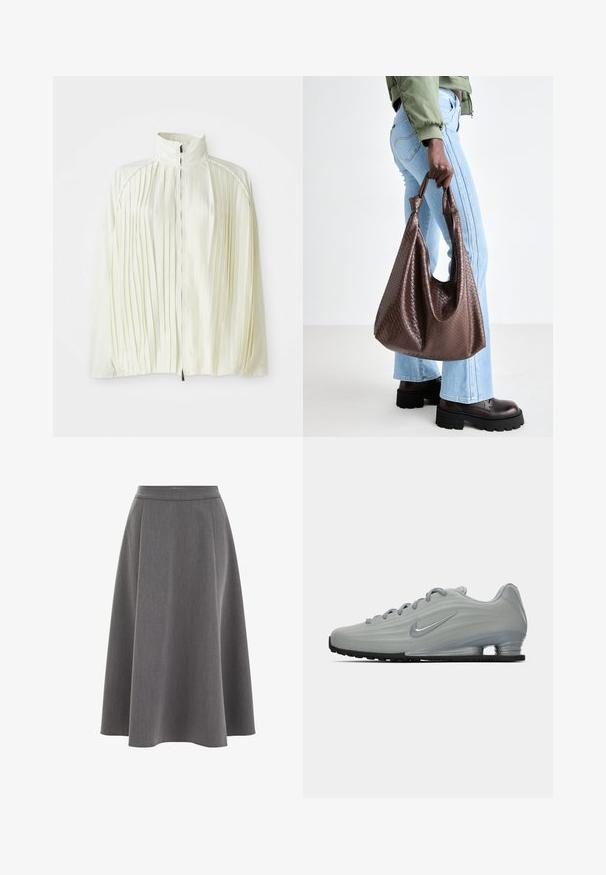 Biała plisowana kurtka z wysokim kołnierzem, zamkiem z przodu i elastycznym dołem. Wykonana z lekkiego, błyszczącego materiału.; Szary sweter dzianinowy z długimi rękawami, ribbowanymi mankietami i dołem. Okrągły dekolt z luźnym krojem i miękką teksturą. Bez widocznych wzorów czy akcentów.; Biała, oversize'owa koszulka z miękkiej bawełny. Posiada krótki rękaw, okrągły dekolt oraz luźny krój bez widocznych wzorów czy akcentów.; Szara spódnica w kształcie litery A o gładkiej fakturze, plisowanym designie i dopasowanej talii. Materiał wydaje się lekki i miękko się układa.; Widok z boku jasnoszarego trampka Nike z sznurówkami, logo w kształcie łyżwy oraz przezroczystą podeszwą amortyzującą na jednolitym tle.; Brązowa pleciona skórzana torba tote z węzłowymi uchwytami, noszona przez osobę w jasnoniebieskich dżinsach i czarnych masywnych butach. Gładka, teksturowana powierzchnia.