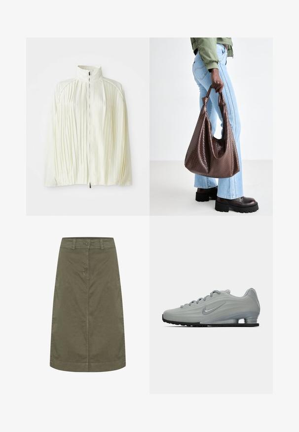 White pleated jacket with a high collar, zip front closure, and elastic hem. Made from a lightweight, shiny fabric.; Gray knit sweater with long sleeves, ribbed cuffs, and hem. Round neckline with a relaxed fit and soft texture. No visible patterns or accents.; White oversized t-shirt made of soft cotton. Features short sleeves, a round neckline, and a relaxed fit with no visible patterns or accents.; Olive green skirt made of cotton, featuring a straight shape, front button closure, and a smooth texture. No embellishments or patterns.; Side view of a light gray Nike sneaker with laces, a swoosh logo, and a transparent cushioning sole on a plain background.; Brown woven leather tote bag with knotted handles, carried by a person in light blue jeans and black chunky shoes. Smooth, textured surface.