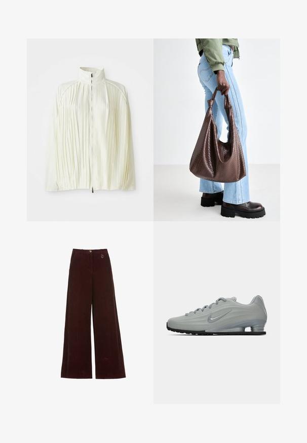 Vit plisserad jacka med hög krage, dragkedja framtill och elastisk nederkant. Tillverkad av ett lätt, glänsande material.; Grå stickad tröja med långa ärmar, ribbade manschetter och nederkant. Rund nacke med avslappnad passform och mjuk textur. Inga synliga mönster eller accenter.; Vit oversized t-shirt i mjuk bomull. Har korta ärmar, rund halsringning och en avslappnad passform utan synliga mönster eller accenter.; Breda ben burgunderfärgade kordbyxor med knapp- och dragkedjestängning, med en liten rund guldcharm på midjan.; Sido vy av en ljusgrå Nike-sneaker med snören, en swoosh-logotyp och en transparent dämpningssula på en enhetlig bakgrund.; Brun vävd läderhandväska med knutna handtag, bärs av en person i ljusblå jeans och svarta kraftiga skor. Slät, strukturerad yta.