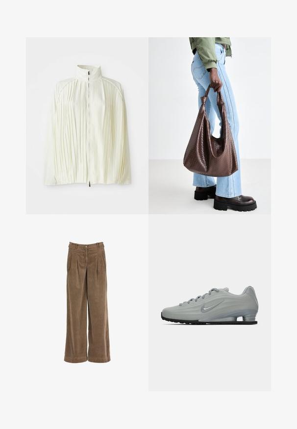 Veste blanche plissée avec un col montant, fermeture à zip sur le devant et ourlet élastique. Fabriquée à partir d'un tissu léger et brillant.; Pull en tricot gris avec manches longues, poignets côtelés et ourlet. Encolure ronde avec une coupe décontractée et une texture douce. Pas de motifs ou d'accents visibles.; T-shirt blanc oversize en coton doux. Il possède des manches courtes, un col rond et une coupe décontractée sans motifs ni accents visibles.; Pantalons larges en velours côtelé marron avec plis sur le devant, fermeture à bouton et tissu texturé. Présente une taille haute et des jambes droites.; Vue latérale d'une sneaker Nike gris clair avec des lacets, un logo swoosh et une semelle de coussin transparent sur un fond uni.; Sac fourre-tout en cuir tissé marron avec des poignées nouées, porté par une personne en jean bleu clair et des chaussures noires épaisses. Surface lisse et texturée.