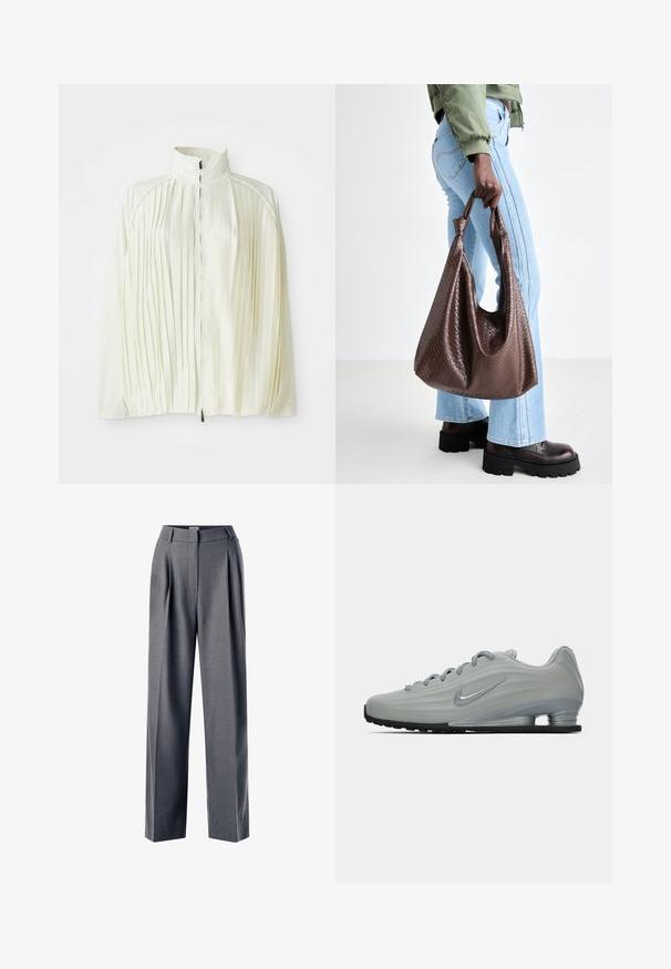 Hvid plisseret jakke med høj krave, lynlås foran og elastisk kant. Fremstillet af et letvægts, skinnende stof.; Grå strikket sweater med lange ærmer, ribbede manchetter og bund. Rund halsudskæring med en afslappet pasform og blød tekstur. Ingen synlige mønstre eller accenter.; Hvid oversized T-shirt lavet af blød bomuld. Har korte ærmer, en rund halsudskæring og en afslappet pasform uden synlige mønstre eller accenter.; Grå skræddersyede bukser med en plisseret front, bred bendesign og glat tekstur, der har en flad talje og sidelommer.; Sidelæns udsigt af en lysegrå Nike sneaker med snørebånd, et swoosh-logo og en gennemsigtig sål med komfortabel dæmpning på en ensfarvet baggrund.; Brun flettet læder totepose med knyttede håndtag, båret af en person i lyseblå jeans og sorte chunky sko. Glat, struktureret overflade.