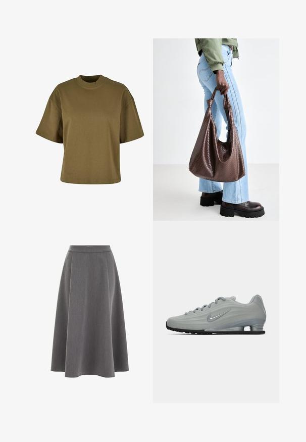 Hvid plisseret jakke med høj krave, lynlås foran og elastisk kant. Fremstillet af et letvægts, skinnende stof.; Grå strikket sweater med lange ærmer, ribbede manchetter og bund. Rund halsudskæring med en afslappet pasform og blød tekstur. Ingen synlige mønstre eller accenter.; Olivengrøn bomulds t-shirt med en høj, rund halsudskæring, korte ærmer og en løstsiddende pasform. Glat tekstur, ingen synlige mønstre eller detaljer.; Grå A-line nederdel med en glat tekstur, plisseret design og en tætsiddende talje. Stoffet virker let og falder blødt.; Sidelæns udsigt af en lysegrå Nike sneaker med snørebånd, et swoosh-logo og en gennemsigtig sål med komfortabel dæmpning på en ensfarvet baggrund.; Brun flettet læder totepose med knyttede håndtag, båret af en person i lyseblå jeans og sorte chunky sko. Glat, struktureret overflade.