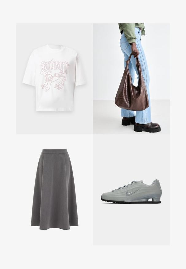 Witte geplooide jas met een hoge kraag, rits sluiting aan de voorkant en een elastische zoom. Gemaakt van een lichte, glanzende stof.; Grijze gebreide trui met lange mouwen, geribbelde manchetten en zoom. Ronde halslijn met een losse pasvorm en een zachte textuur. Geen zichtbare patronen of accenten.; Witte T-shirt met korte mouwen, voorzien van een rode omlijning van een leeuwengrafiek en gestileerde "Carhartt" tekst over de borst.; Grijze A-lijn rok met een zachte textuur, geplooid ontwerp en een aansluitende taille. De stof lijkt lichtgewicht en valt soepel.; Zijaanzicht van een lichtgrijze Nike sneaker met veters, een swoosh-logo en een doorzichtige schokdempende zool op een effen achtergrond.; Bruine gevlochten leren tote bag met geknoopte handvatten, gedragen door een persoon in lichtblauwe spijkerbroek en zwarte Chunky schoenen. Gladde, textuurrijke oppervlakte.