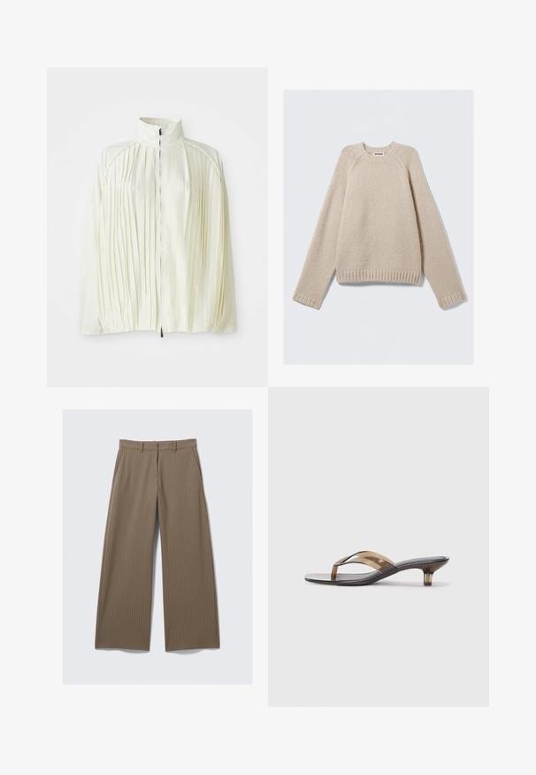 Weißer, plissierter Blazer mit hohem Kragen, Reißverschluss vorne und elastischem Saum. Hergestellt aus einem leichten, glänzenden Stoff.; Beige Strickpullover mit langen Raglanärmeln und gerippten Bündchen und Saum, flach auf einem hellen Hintergrund ausgelegt.; Braune, gestreifte weit geschnittene Hosen mit glatter Textur und klassischem Design, ausgestattet mit einem Bund und vorderen Falten für eine maßgeschneiderte Passform.; Transparente Flip-Flops mit Absatz und dünnem Riemen-Design, mit schwarzem Fußbett und hellbraunen Akzenten, die eine minimalistische Ästhetik bieten.