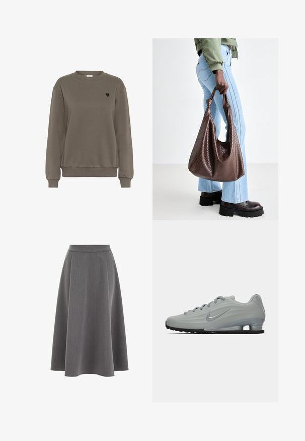 Weißer, plissierter Blazer mit hohem Kragen, Reißverschluss vorne und elastischem Saum. Hergestellt aus einem leichten, glänzenden Stoff.; Brauner Baumwoll-Sweatshirt mit Rundhalsausschnitt, gerippten Bündchen und Saum. Mit einem kleinen schwarzen Herz-Logo auf der linken Brustseite.; Weißes, übergroßes T-Shirt aus weichem Baumwollstoff. Mit kurzen Ärmeln, runder Ausschnitt und einem lässigen Schnitt ohne sichtbare Muster oder Akzente.; Grauer A-Linien-Rock mit glatter Textur, gefälteltem Design und taillierter Passform. Der Stoff wirkt leicht und fällt sanft.; Seitenansicht eines hellgrauen Nike-Sneakers mit Schnürsenkeln, einem Swoosh-Logo und einer transparenten Dämpfungsohle auf einem schlichten Hintergrund.; Braune gewebte Leder-Handtasche mit geknoteten Griffen, die von einer Person in hellblauen Jeans und schwarzen klobigen Schuhen getragen wird. Glatte, strukturierte Oberfläche.