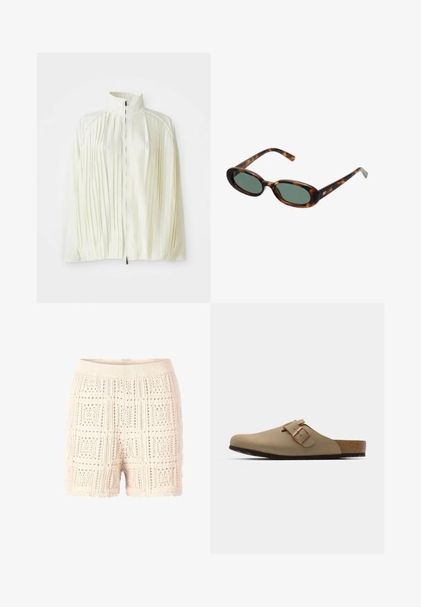 Fehér redőzött dzseki magas gallérral, cipzáras elülső záródással és elasztikus alsó résszel. Könnyű, fényes anyagból készült.; Fehér, hosszú ujjú blúz fodros díszítéssel a mély V-kivágás mentén, elöl megkötő záródással és harangujjakkal, könnyű, áttetsző anyagból készült.; Kötött rövidnadrág világos bézs színben, texturált, nyitott mintával. Bordás derékrésze és fodros szegélye részletgazdag megjelenést kölcsönöz.; Beige szandálok lekerekített orral, állítható csattal és parafa talppal. Texturált felület fekete gumitalppal a tapadásért.; Tortojásmintás napszemüveg ovális kerettel és zöld lencsékkel. Vékony szárakkal rendelkezik, fémes kiegészítővel a csuklók közelében.; Oliva zöld bőr kézitáska kerek formával, dupla fogantyúval és sima elülső résszel. Jellemzője a sima textúra és a diszkrét varrási részletek.