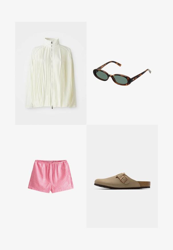 Jachetă albă plisată cu guler înalt, închidere cu fermoar pe față și tiv elastic. Fabricată dintr-un material ușor și strălucitor.; Bluză albă cu mâneci lungi, cu volane pe marginea decolteului adânc în V, închidere cu legătură în față și manșete evazate, realizată dintr-un material ușor și transparent.; Next TEXTURED STRIPE TIE WAIST REGULAR FIT - Pantaloni scurți - pink; Saboți bej cu vârf rotund, accent cu cataramă ajustabilă și talpă din plută. Suprafață texturată cu o talpă din cauciuc negru pentru aderență.; Ochelari de soare cu ramă din scoică de broască țestoasă și lentile verzi. Au brațe subțiri cu un accent metalic aproape de balamale.