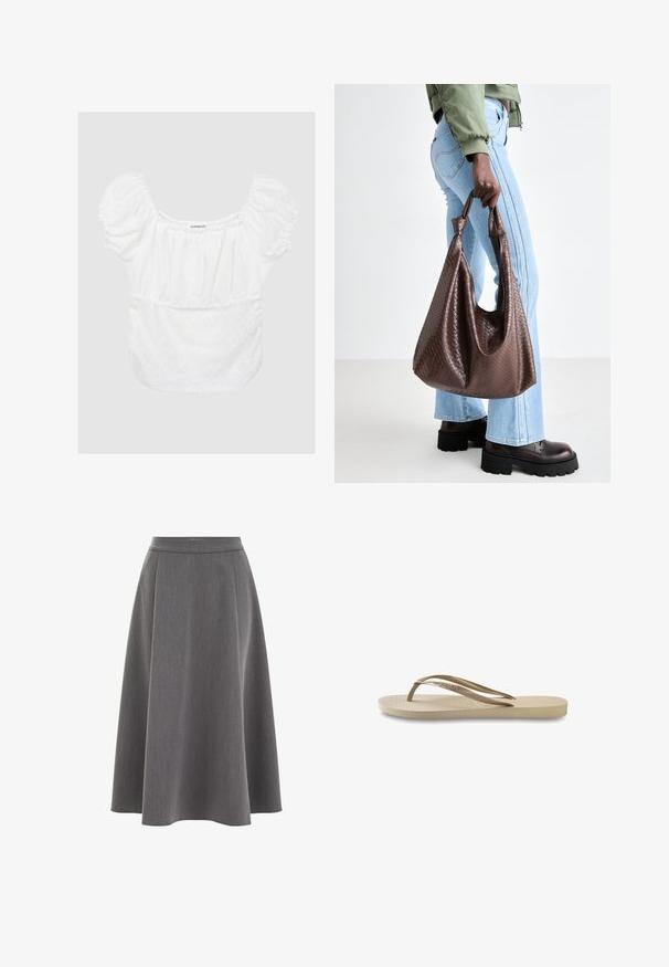 Veste blanche plissée avec un col montant, fermeture à zip sur le devant et ourlet élastique. Fabriquée à partir d'un tissu léger et brillant.; Blouse blanche à manches bouffantes, motif floral en œillets, encolure et taille élastiques, texture douce et coupe décontractée. Étiquette de la marque visible.; Jupe A-line grise avec une texture lisse, un design plissé et une taille ajustée. Le tissu semble léger et tombe doucement.; Tongs légères beige clair avec un semelle texturée, semelle plate et des fines sangles brillantes. Présente un logo discret sur la sangle.; Sac fourre-tout en cuir tissé marron avec des poignées nouées, porté par une personne en jean bleu clair et des chaussures noires épaisses. Surface lisse et texturée.